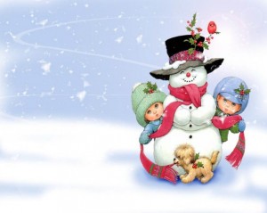 Снеговик, снежинки, дети; рисунок
